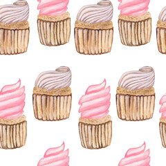cupcakes with vanilla and strawberry cream seamless pattern watercolor illustration isolated on white background base for textile card printing