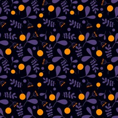 Seamless Leaves and Berry Pattern on a Dark Background. Botanical Natural Textures for Fabric, Wallpaper, Packaging and Eco Design