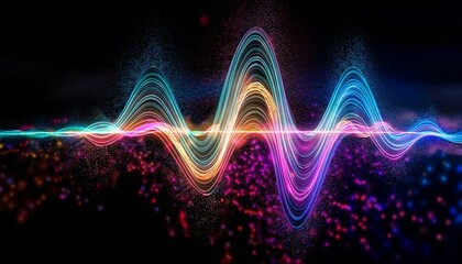 Fototapeta premium Psychedelic sinus wave art in shimmering neon hues, composed of countless vibrant, ethereal particles.