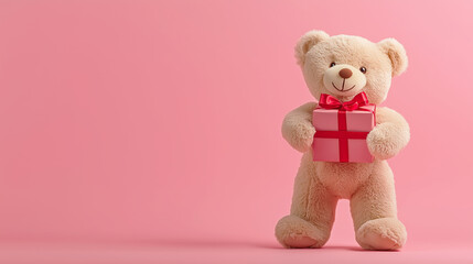 Cute teddy bear holding a pink gift box with a bow on a pink background. Minimal banner with copy space. Postcard, card.