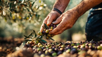 Human hands gently picking olives off a branch,