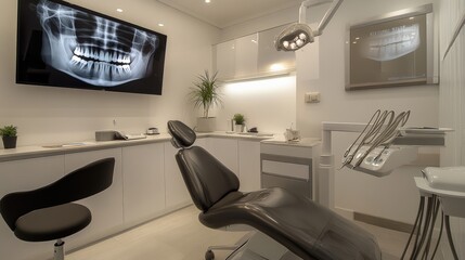 In a well-lit, contemporary dental clinic, a dentist reviews dental X-rays displayed on a screen, readying the treatment area for an upcoming patient appointment