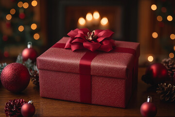 Mockup photo of charming giftbox holiday present box with bow xmas surprise, Generative AI