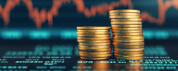 Golden coin stacks with a backdrop of fluctuating stock market data, intense colors, sharp details and reflections, financial success and analytics concept.