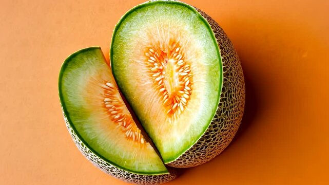 A cantaloupe is sliced in half and a wedge on an orange background