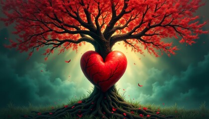 Surreal illustration of a heart-shaped tree with red leaves and a glowing heart trunk against a mystical background 