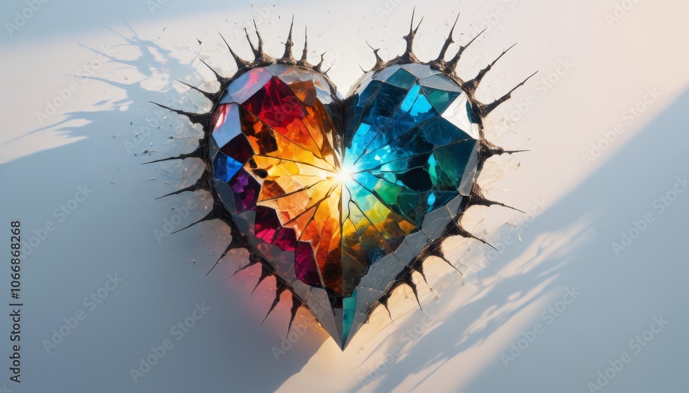 Aufkleber surreal illustration of a heart shaped like a crystal with colorful shards and thorny edges on a lig