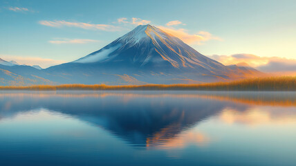 Peaceful scene of a volcanic mountain at sunrise with its reflection in still lake waters