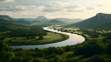 Fototapeta premium A winding river flows through a valley, surrounded by lush green hills and a blue sky with white clouds.