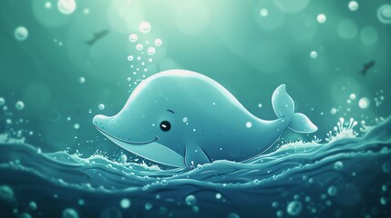 A cartoon whale swims in the ocean.