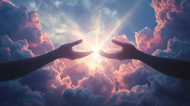 Silhouetted hands reaching towards each other with bright rays of light breaking through dramatic clouds, themes of hope and connection, ethereal glow.