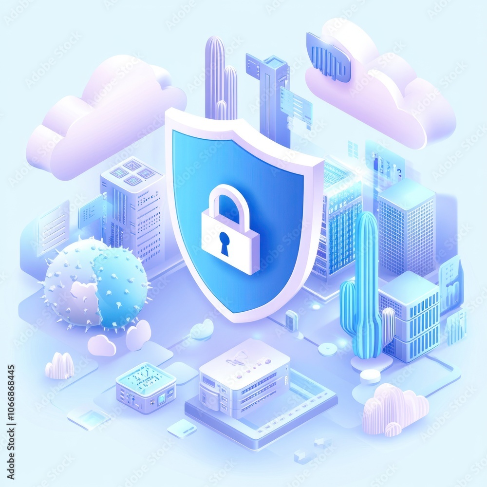 Aufkleber isometric illustration of a cloud data center with security measures