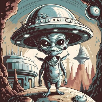 sci-fi fantasy illustration of an alien wearing a large hat that resembles a flying saucer.