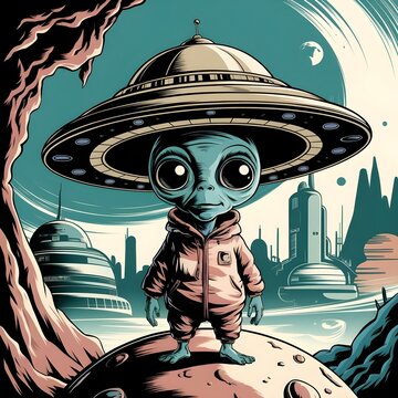 sci-fi fantasy illustration of an alien wearing a large hat that resembles a flying saucer.