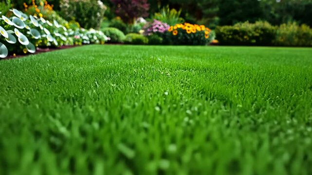 A close-up view of freshly cut grass in a suburban lawn, the perfect image of a relaxing summer day