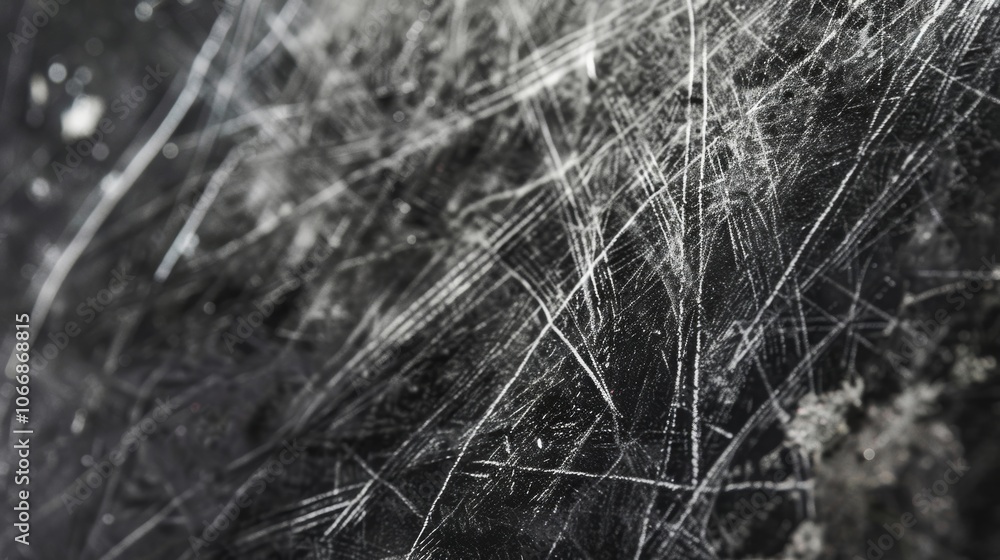 Poster close up of a scratched metallic surface showing signs of wear and tear, creating an abstract patter