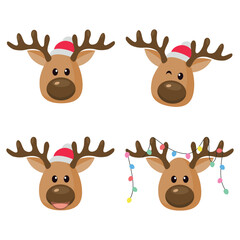 Christmas baby reindeer vector set mascot with Santa Claus hat, Funny Xmas deer illustration on white background