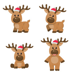 Christmas baby reindeer set vector mascot with Santa Claus hat, Funny Xmas deer illustration on white background
