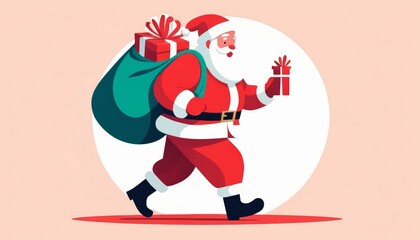 Playful Santa Claus walking with a sack of gifts and a present in hand