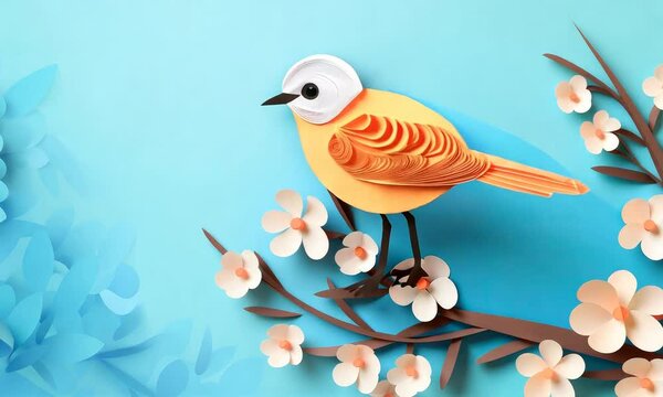 cute little paper bird on branch in spring comes to life