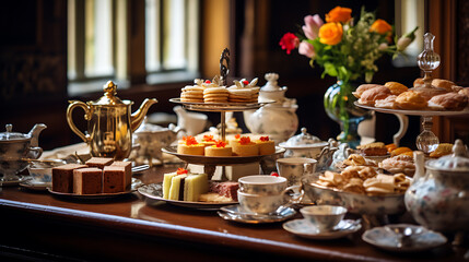 Traditional English high tea setup with an array of desserts and a teapot in a charming setting