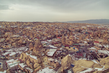 Aerial view of the town of Goreme, Türkiye, Cappadocia.