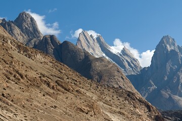 View of Trango Towers near Paju camp. K2 Trekking. Karakoram Mountains. Gilgit-Baltistan region. Pakistan. Asia.