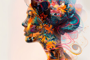 A stunning, colorful illustration of a woman's profile filled with intricate floral patterns and vibrant motifs, conveying beauty and creativity.