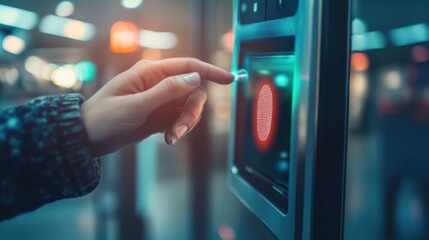 A person engages a fingerprint scanner with their thumb at a security checkpoint located in a bustling underground train station. The atmosphere is vibrant and lively in the evening