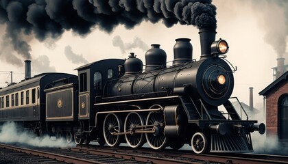 Obraz premium Old-fashioned steam train in action, featuring a nostalgic atmosphere and vintage design