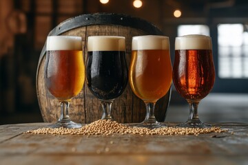 Four different beer glasses sit on a wooden table. Each glass shows a unique color and foam. A barrel and grains are in the background. Perfect for beverage lovers. Generative AI