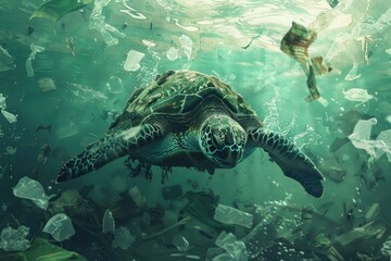 Fototapeta premium Trash In Water. Sea Turtle Surrounded by Plastic Garbage in Polluted Ocean Environment