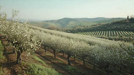 Fototapeta premium Rows of blossoming fruit trees on a hillside, with rolling hills in the background.