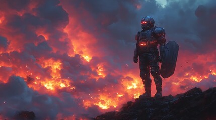 A futuristic soldier stands on a rocky outcrop, gazing at a fiery, apocalyptic landscape.