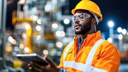 technician in orange safety jacket and hard hat is using tablet in industrial setting, showcasing focus on safety and technology