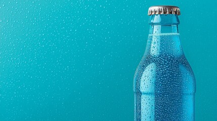 A refreshing, fizzy drink bottle covered in bubbles against a vibrant blue background, symbolizing refreshment and hydration.