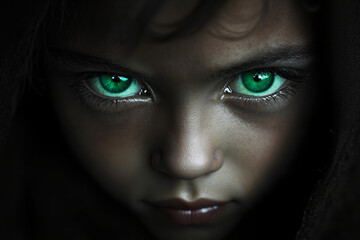 A close up of a child's face with green eyes