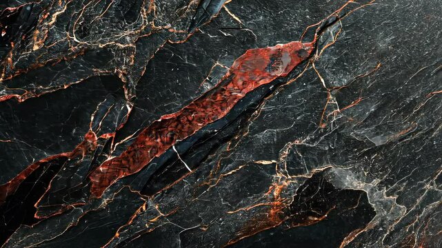 A close-up shot of black marble with intricate gold and copper veining