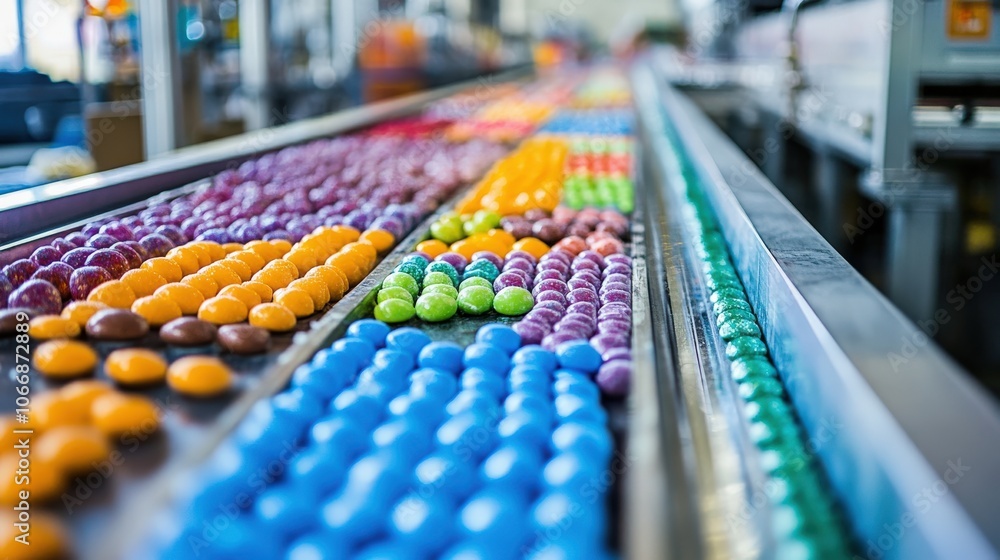 Poster the candy production line displays a vibrant array of colorful confections moving along the conveyor