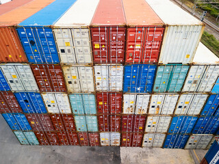 Fototapeta premium Aerial view of a container yard, container warehouse for freight transport