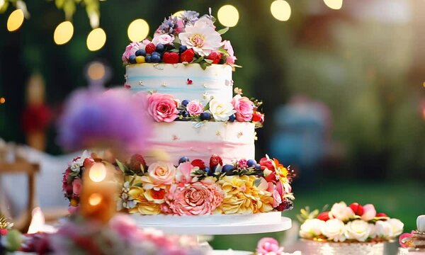 beautiful tasty wedding cake decorated with fruits and flowers