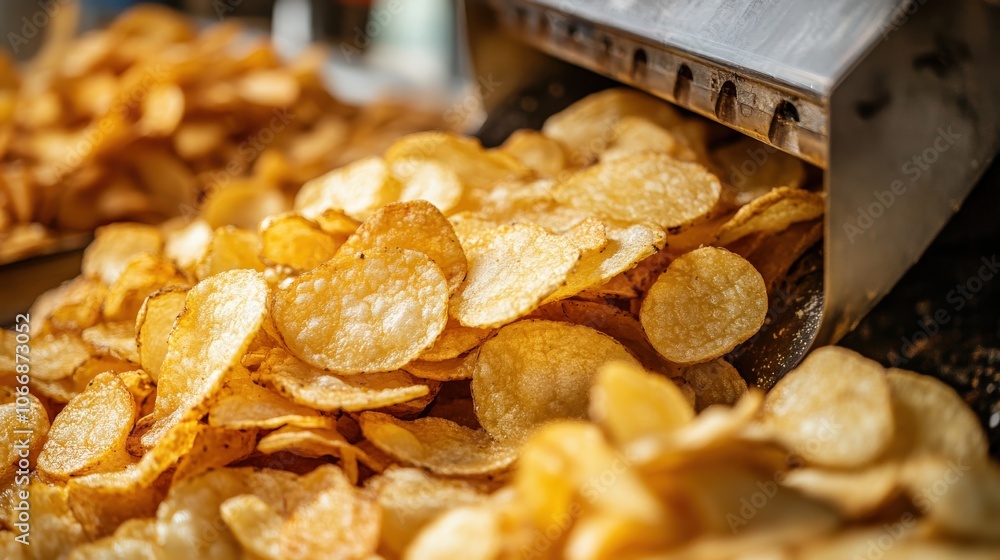 Poster machines operate efficiently on a production line, funneling freshly fried potato chips into packagi