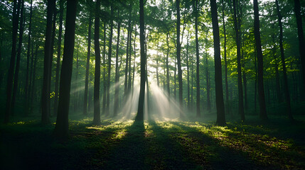 Obraz premium Sunbeams shine through a misty forest.