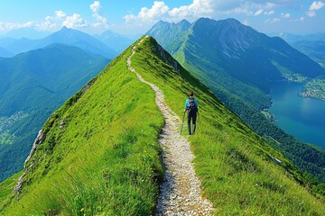 Fototapeta premium Solitary Hiker on a Winding Mountain Path with a View of a Lake
