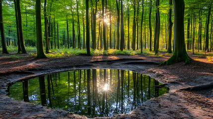 Naklejka premium Sunlight beams through trees reflecting in a forest puddle.