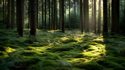 Obraz premium Sunlight streams through tall trees in a lush, mossy forest.