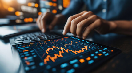 Fototapeta premium Businessman analyzing stock market trends through detailed trading graphs and stock charts