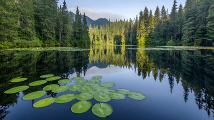 Tranquil forest lake with lily pads, reflecting mountains and trees.