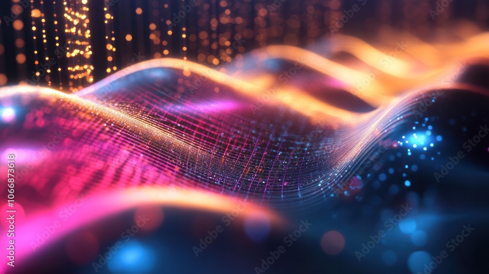 Poster computing core with dynamic wave-like patterns, symbolizing quantum information