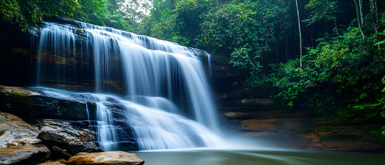 Tranquil waterfall cascading down rocks surrounded by lush greenery.